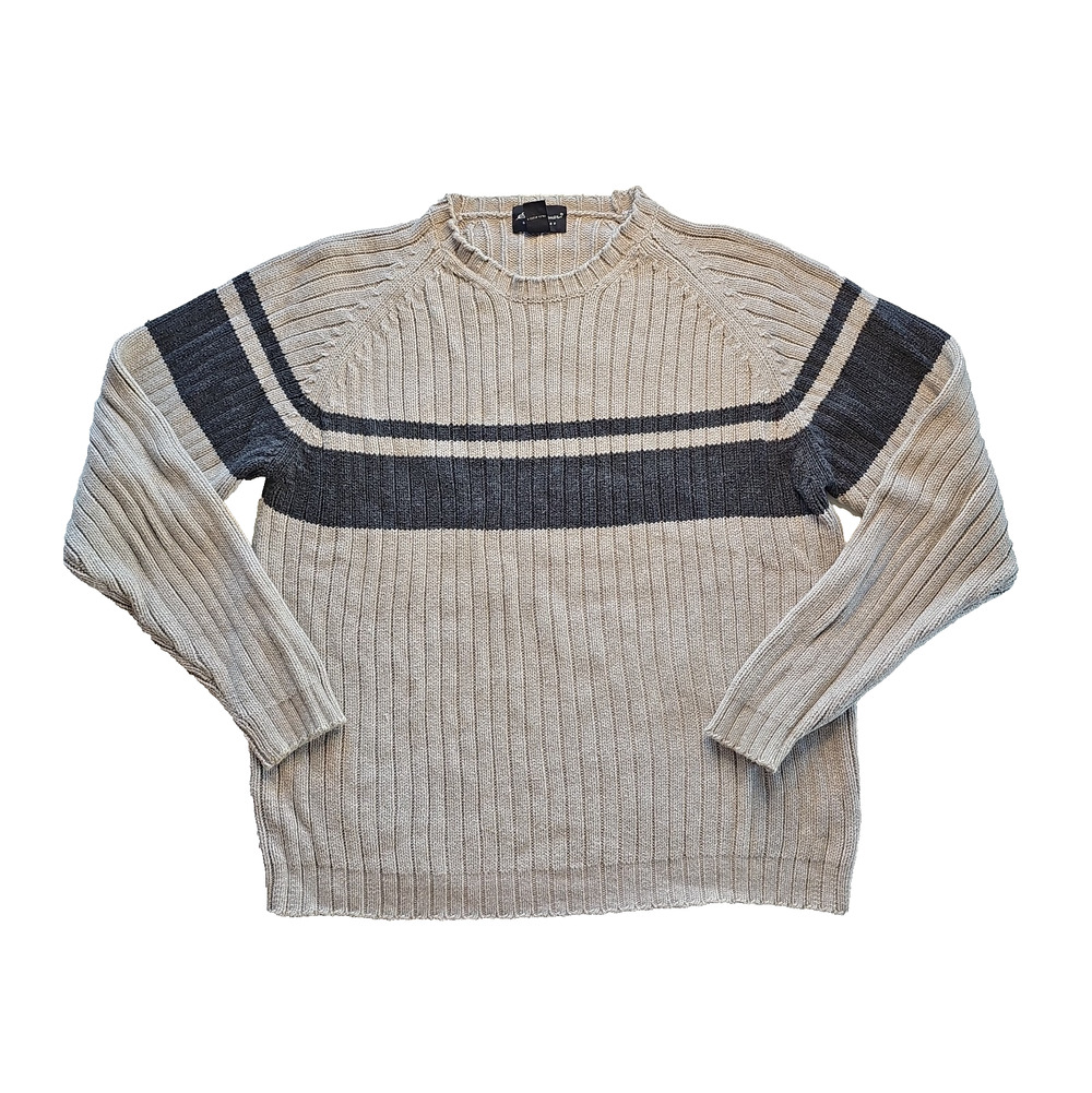 Eddie Bauer Men's L 100% Cotton Ribbed Knit Crewneck Sweater Gray Cream Stripe
